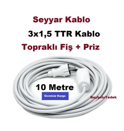 10 Metre Seyyar Kablo 3X1,5 TTR Kablo 10 Metrelik Uzatma Kablosu - 0