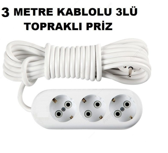 3lü Topraklı Priz 3 Metre Grup Priz 3 Lü 3 mt. Kablolu Seyyar Priz - 0